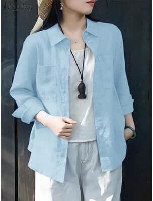 On Spot Shop ZANZEA Womens Oversized Shirt, Casual Long Sleeve Button Up Top, Cotton Street Fashion Chemise For Spring And Fall s blue