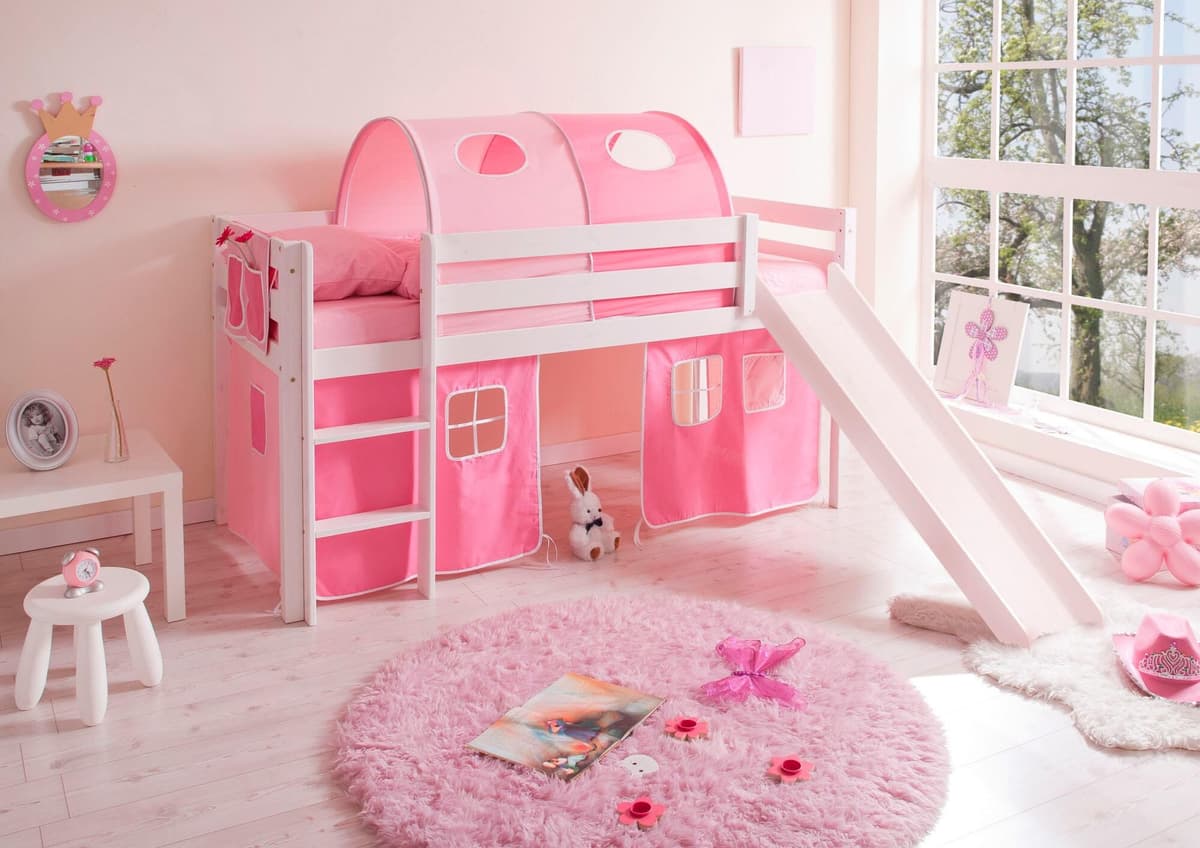 Hochbett TICAA "Manuel", rosa (kiefer massiv weiß, rosa, pink), B:217cm H:114cm L:205cm, Hochbetten, Hochbett, mit Rollrost in verschied. Ausführungen wahlweise mit Matratze, weiss kiefer massiv weiß, rosa, pink Mit Vorhang, Tunnel und Tasche, Liegefläche