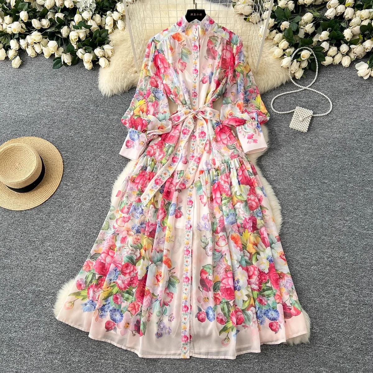 Banulin 2025 Summer Holiday Chiffon Gorgeous Flower Maxi Dress Women's Stand Long Lantern Sleeve Sashes Floral Print Loose Robe Vestidos