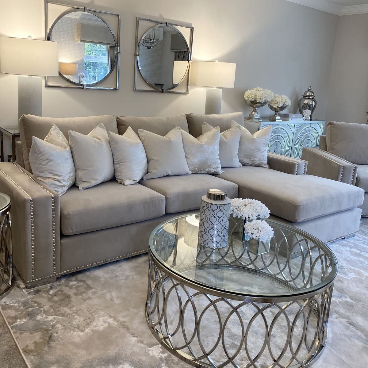 Olivia Premium Mink Sofa Range with Studs, Large Corner Sofa - Right Hand Facing / Foam Filled