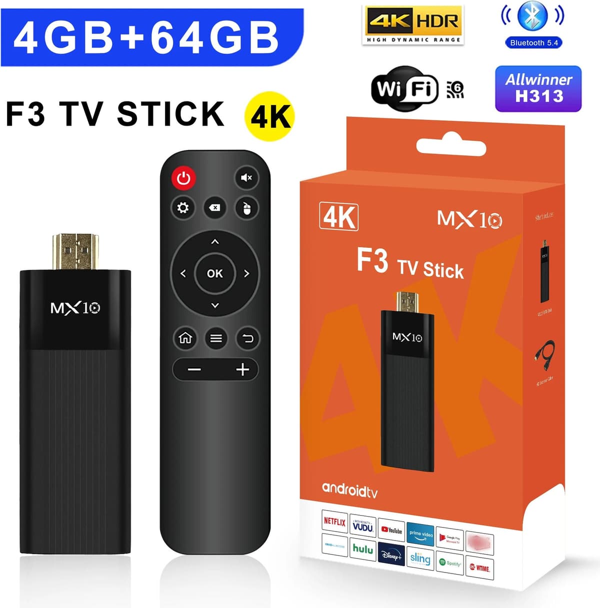MX10 Versión en vivo de Android 14 TV stick 4k 1080p WiFi 6 Google Voice Netflix youtube F3 BT5 24fps WiFi Decoding media player