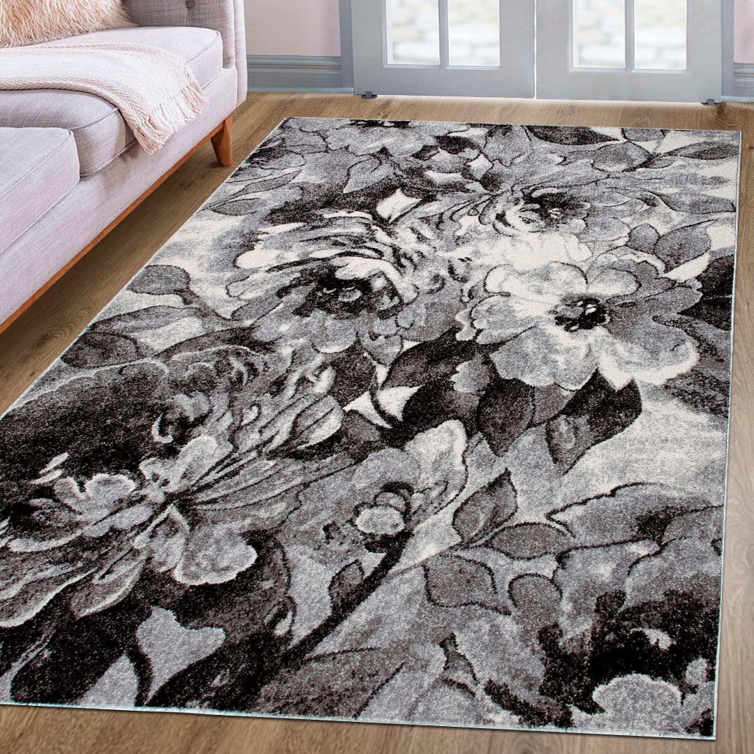Teppich GOODPRODUCT "Almrose" Gr. 3, grau, B:120cm H:9mm L:180cm, Kunstfaser, Teppiche, Teppich, mit besonders weichem Flor, Blumen Muster, florales Design, Kurzflor grau B : 120cm 1 Stk., 9mm, L: 180cm