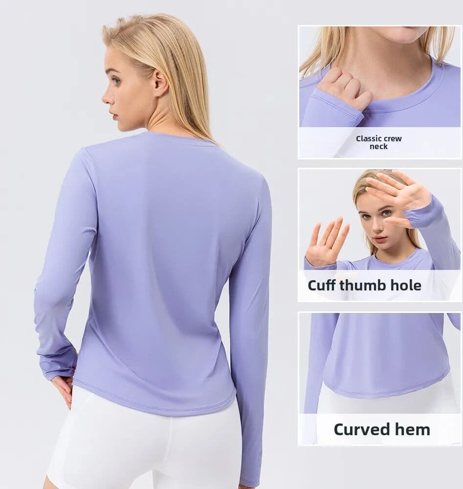 JU QIAN Women's ice silk sun protection sports long-sleeved loose and breathable running yoga wear, fitness long-sleeved T-shirt top