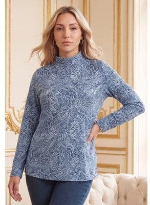 Plus Size Women's Long Sleeve Mockneck Ultimate Tee by Roaman's in Sky Swirly Texture (Size M) Mock Turtleneck Shirt