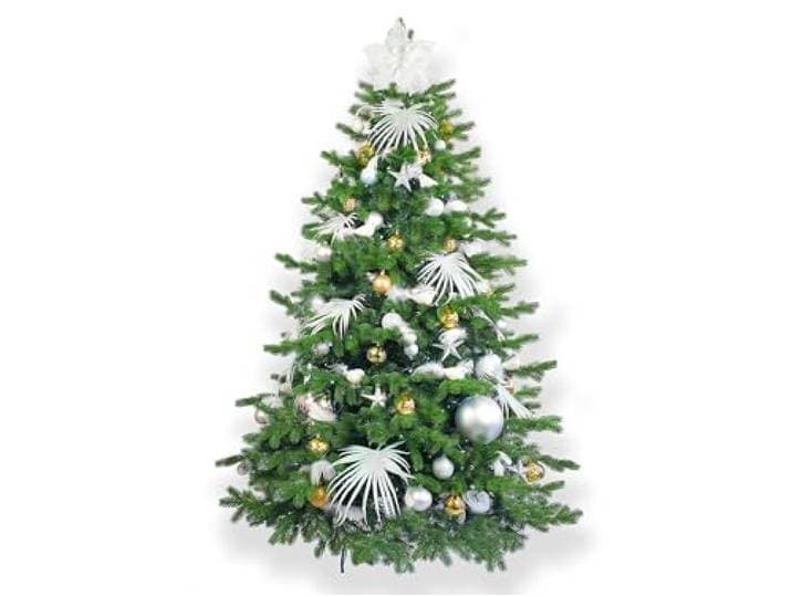 LAALU Künstlicher Weihnachtsbaum 360 cm – Polar Gold II – geschmückt mit 222 Weihnachtsbaumschmuck – inkl. Metallständer und Aufbewahrungsbox