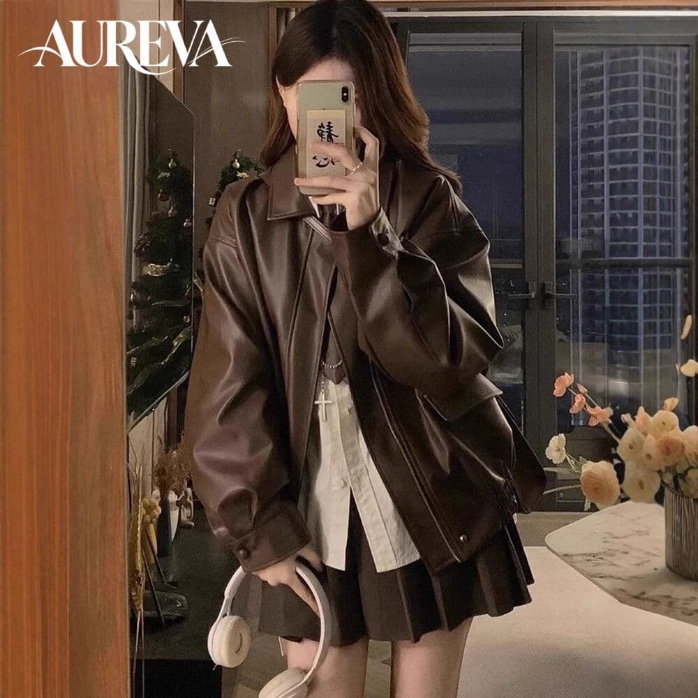 NONE Y2K Cool Girl PU Faux Leather Motorcycle Jacket Women 2026 Spring Autumn Korean Loose Short Biker Outerwear Petite Friendly Coat