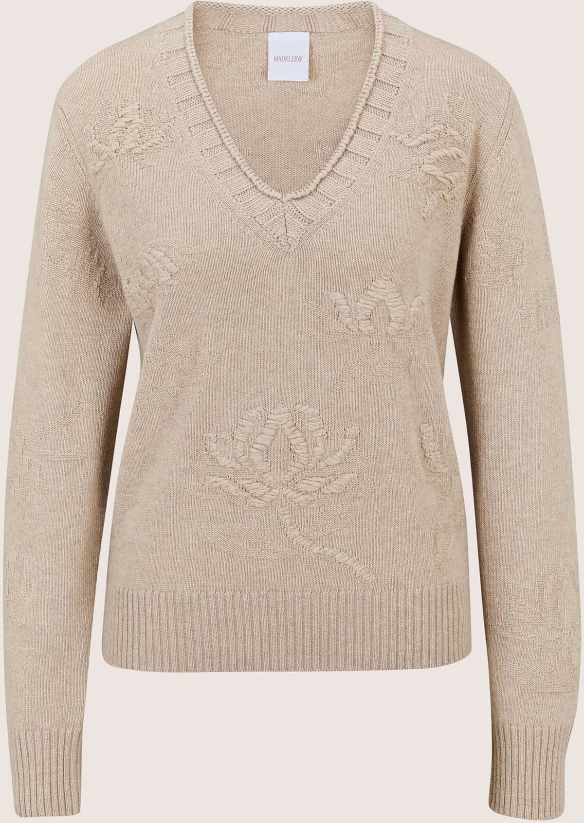Longpullover MADELEINE "Kaschmirpullover Eleganter Strickpullover mit floralem Design", Damen, Gr. 48, beige, Pullover Longpullover, florales Strickmuster