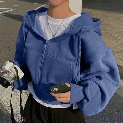 Inspired Finds Women's Fleece Lined Zip Up Hoodie Cropped Slim Fit Sweatshirt blue m(us 6)