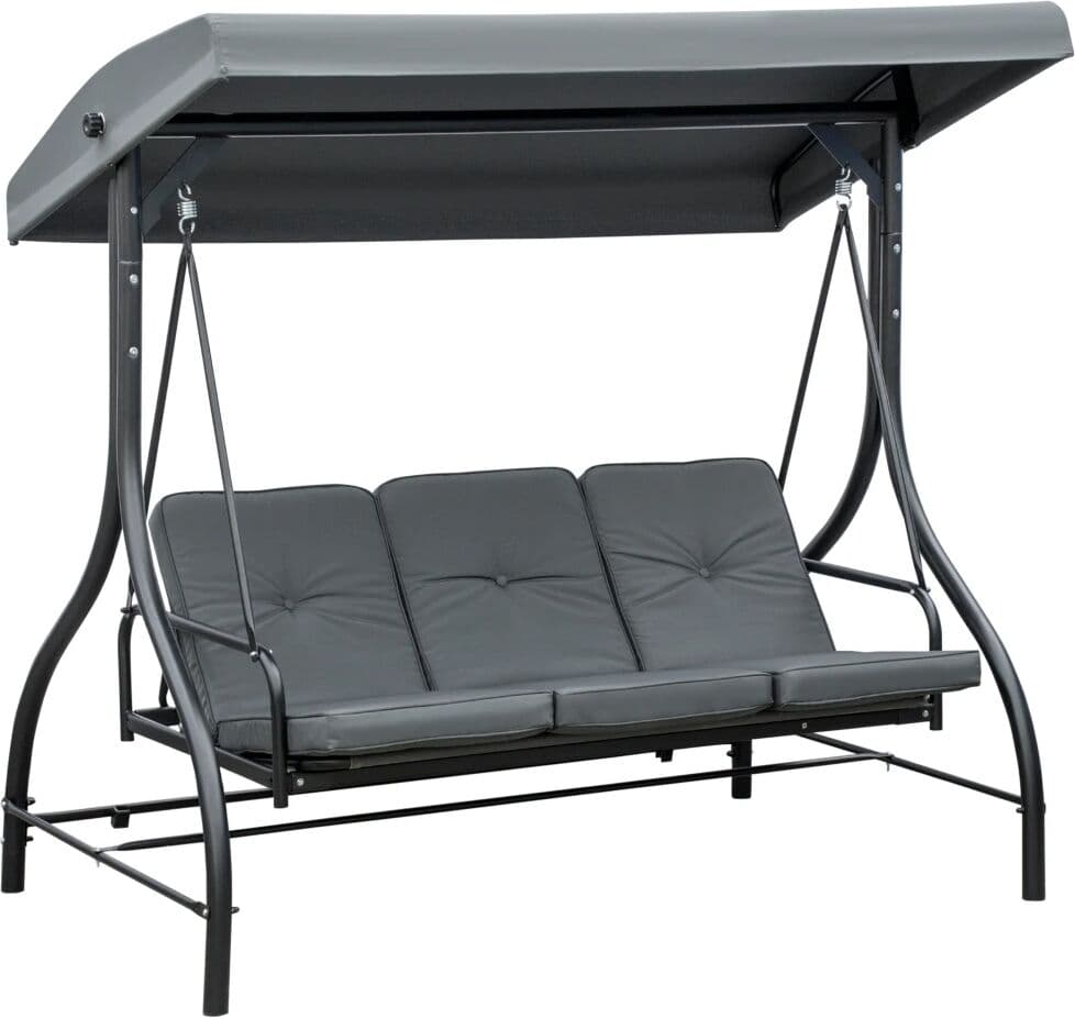 NONE PINGGO 3 Seater Canopy Swing Chair, 2 in 1 Garden Swing Seat Bed, with Adjustable Canopy and Metal Frame, Dark Grey