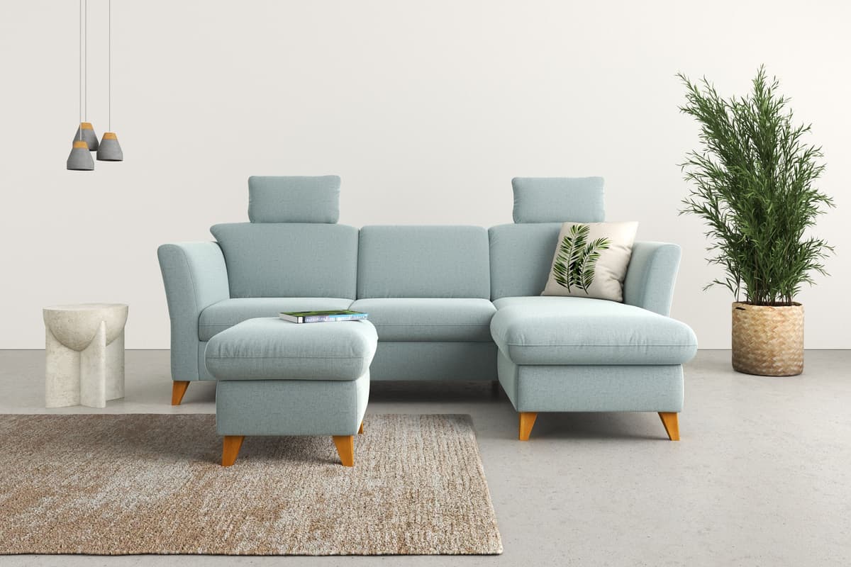 Ecksofa HOME AFFAIRE "Trelleborg L-Form", blau (aqua), B:249cm H:86cm T:162cm, 100% Polyester, Sofas, Ecksofa, Federkern-Polsterung, wahlweise mit Schlaffunktion und Bettkasten aqua B/H/T: 249cm x 86cm x 162cm, Struktur fein, Recamiere rechts, ohne Bettfu