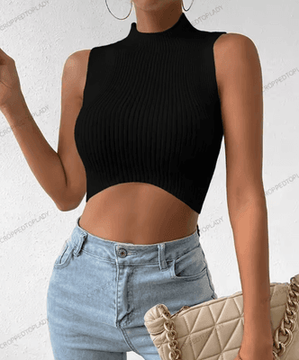 Inspire Picks Womens Knit Corset Crop Top Mock Neck Y2K Stretch Tank black free Size