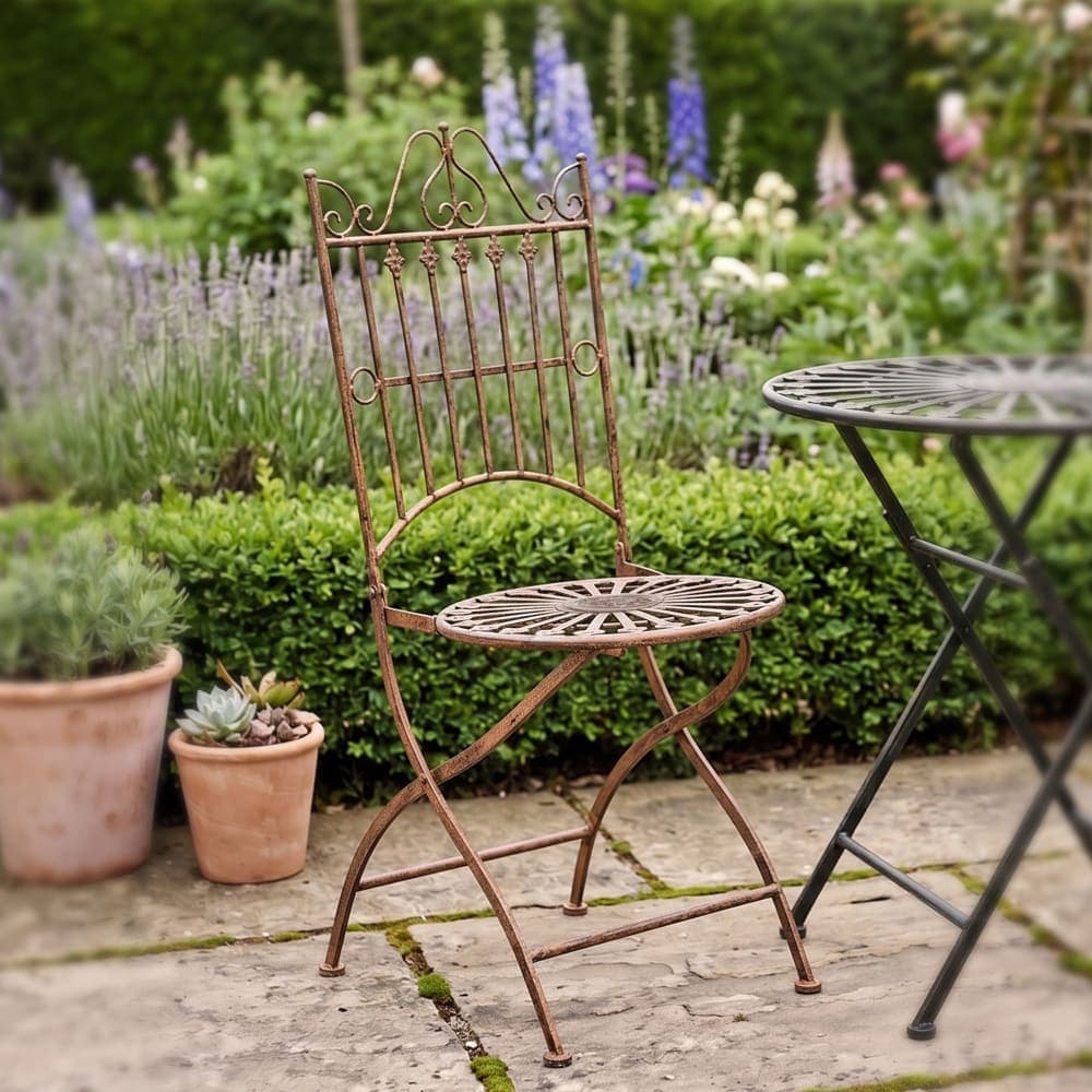 CLP Silla de exterior plegable en metal marrón antiguo