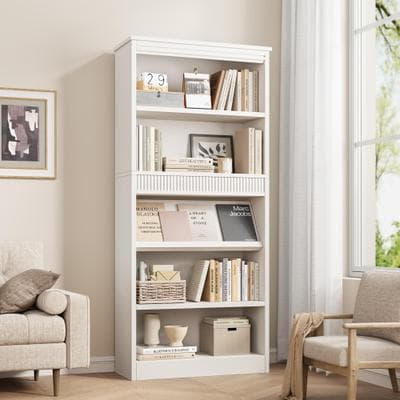 "Garvee 71"" Farmhouse Fluted Bookcase with Display Rack, 5-Tier Wooden Bookshelf for Living Room or Office"