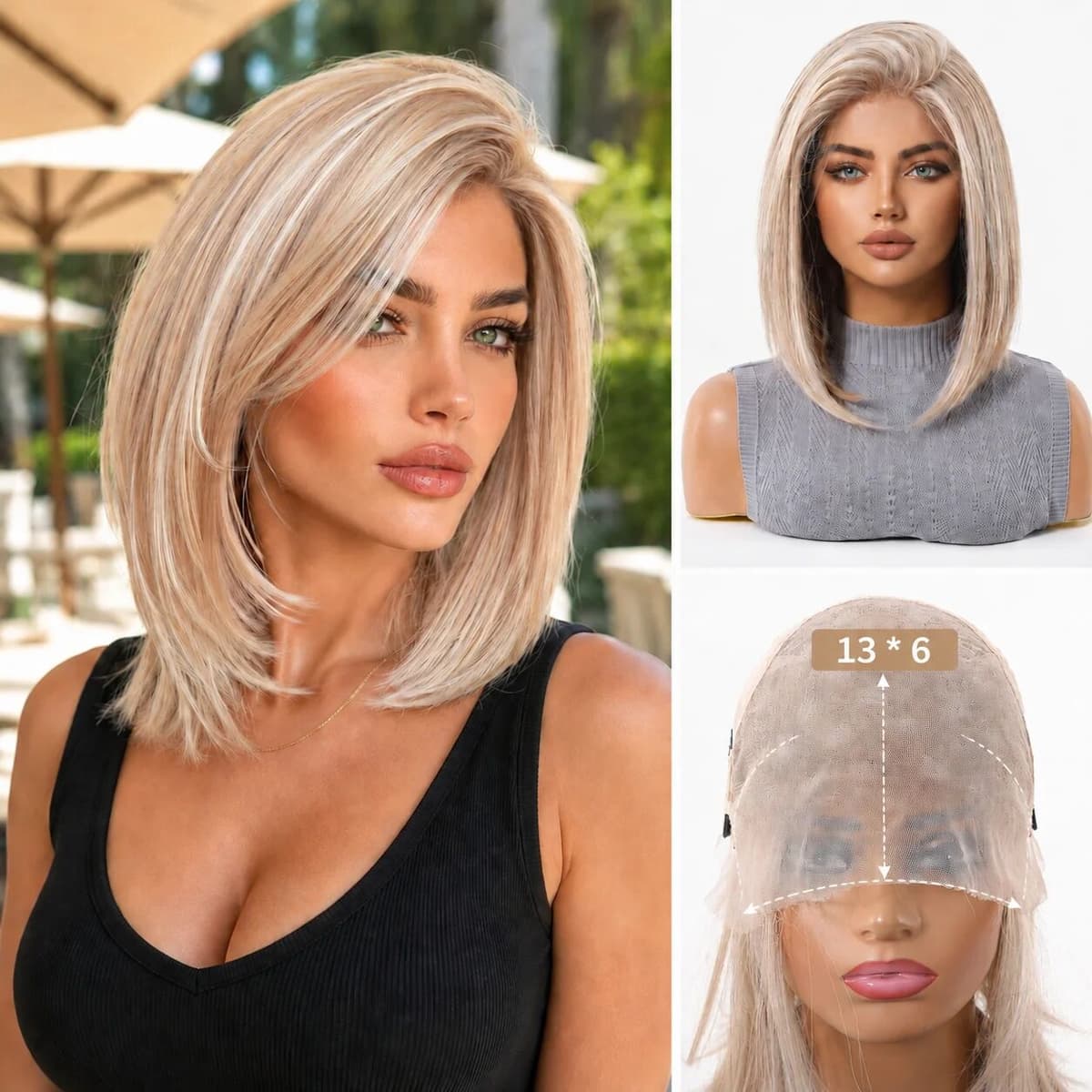 NONE 13x6 Lace Frontal Blonde Bob Wig for Women Side Part Pre Plucked Natural Hairline Heat Friendly Short Straight Wig