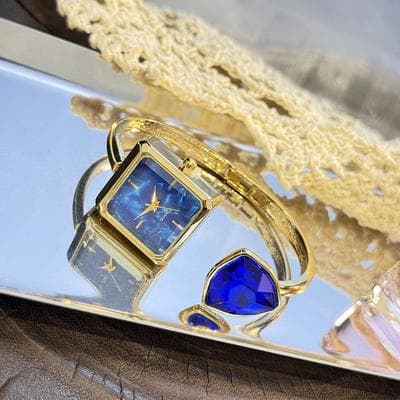 Youfap Market High End Quartz Wristwatch, New Ladies Open Bracelet Watch, Assorted Shaped Diamond Color Gemstone Timepiece blue