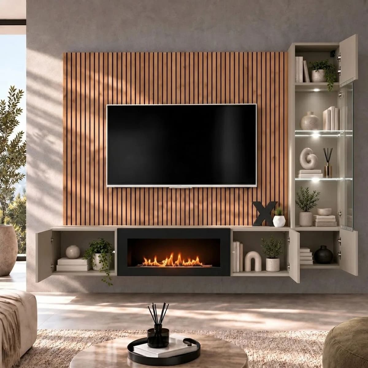 garneroarredamenti Parete attrezzata con biocamino 200x150h cm pannello effetto cannettato grigio argilla rovere Luvox