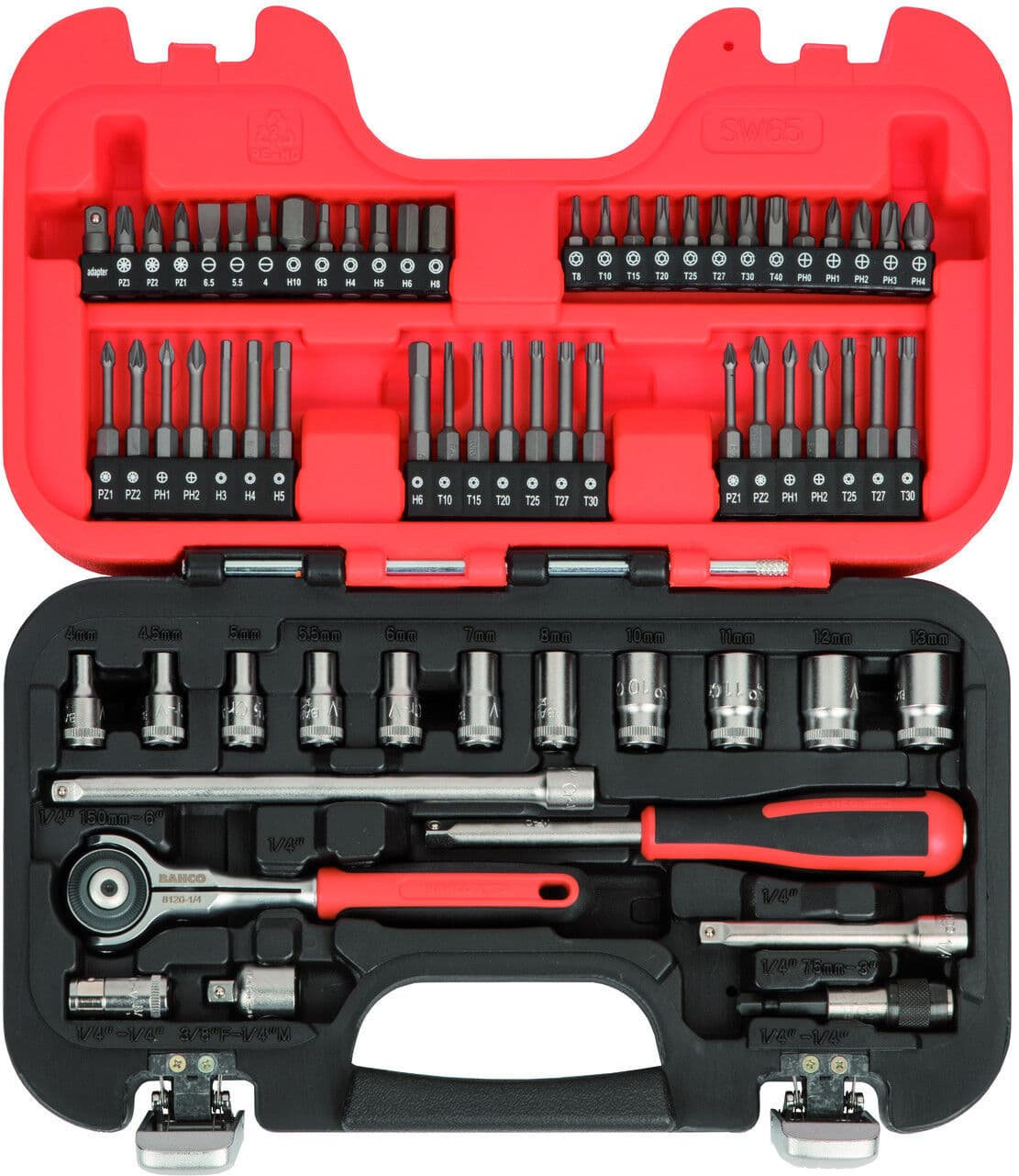 Conjunto de chaves de caixa quadradas de 1/4" com perfil sextavado no sistema métrico e roquete de cabeça rotativa - 65 peças Bahco SW65