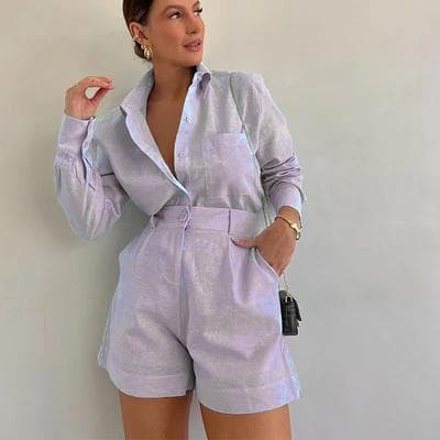 Lush Living Finds Breezy Button Up Womens Set With Long Sleeve Shirt & Short purple m