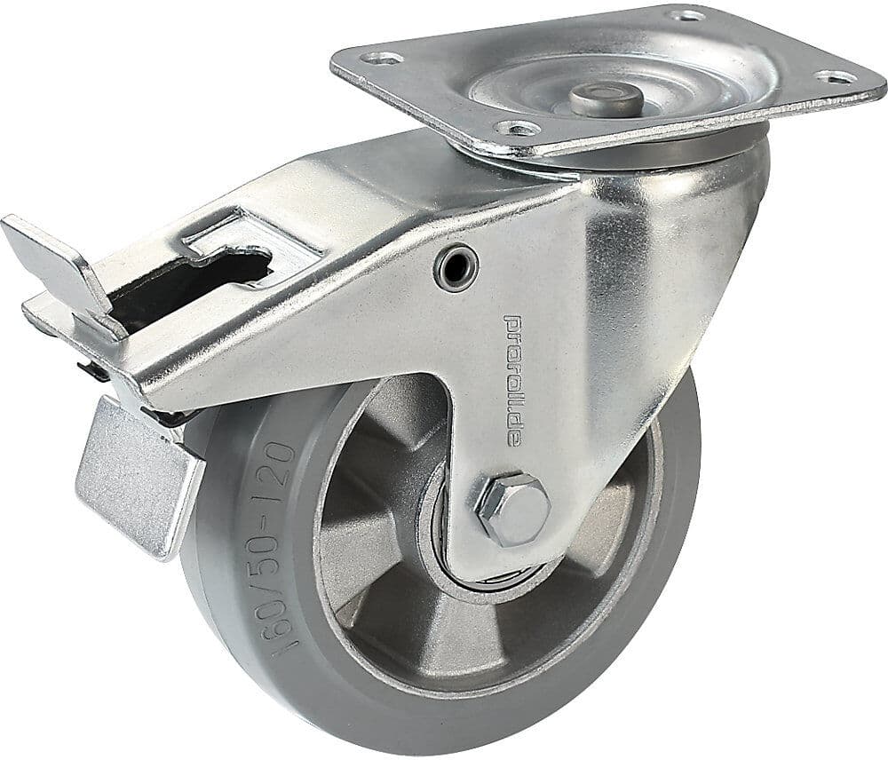 Elastik-Vollgummi-Reifen, grau, Rad-Ø x Breite 200 x 50 mm, Lenkrolle mit Doppelstopp Proroll