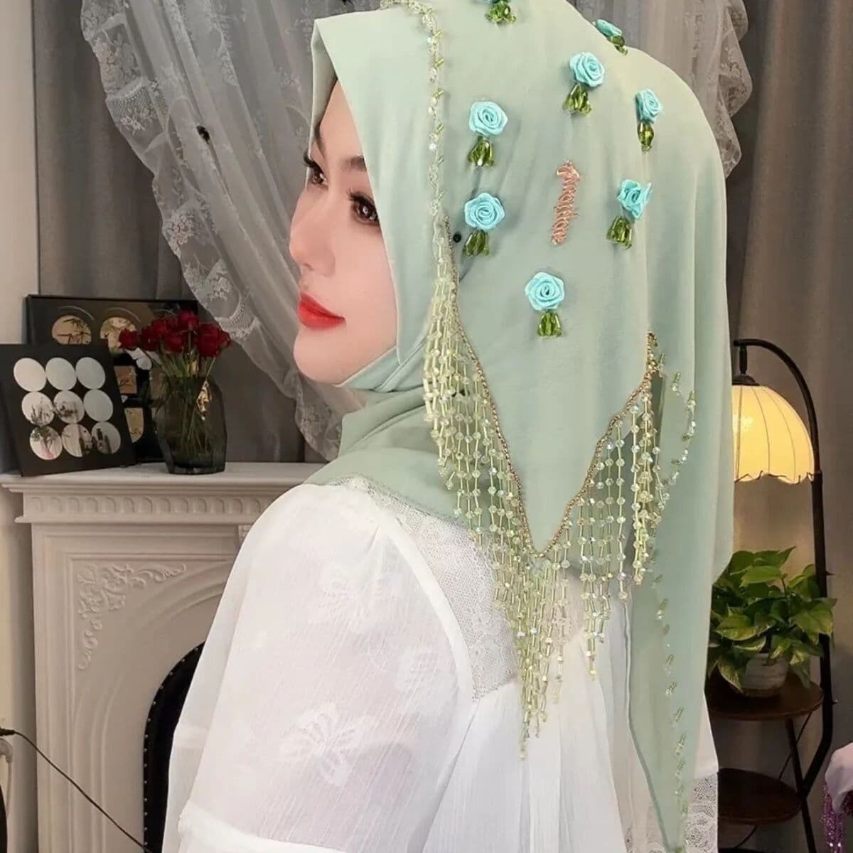 NONE Rose Appliqued  Sweet Muslem Young Girls Party Hijab