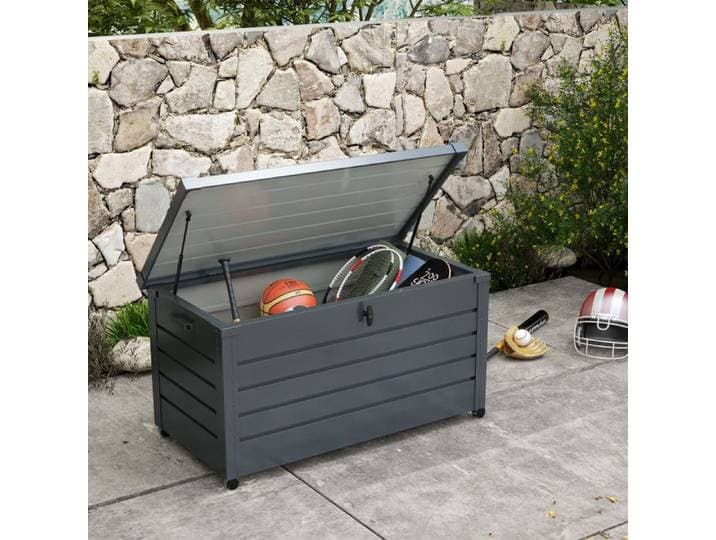 Coffre de rangement extérieur 311L avec vérin à gaz roulettes et poignée en acier galvanisé 120x62x66 cm gris