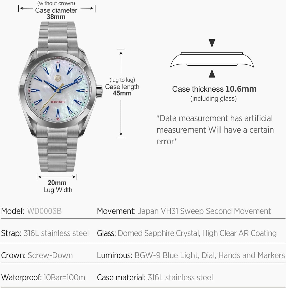 Watchdives WD0006 VH31 Quartz Wristwatches White Mops Dial AR Sapphire Luminous BGW9 100M Waterproof 38Mm Stainless Steel Watch