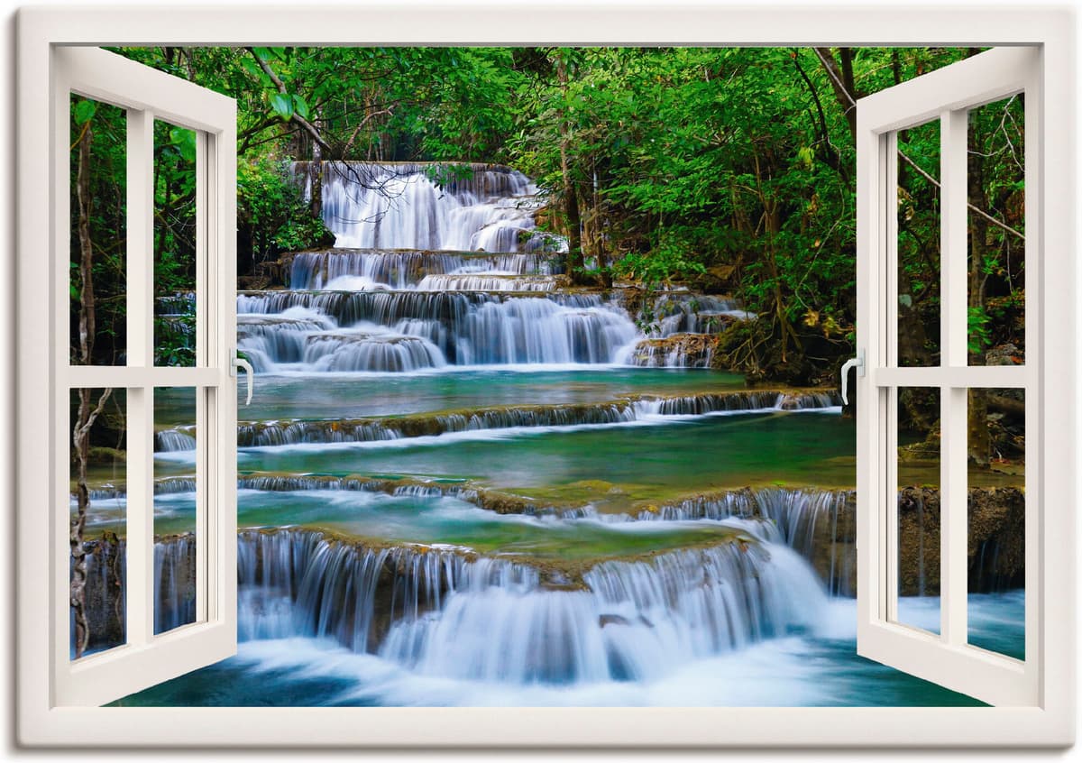 Leinwandbild ARTLAND "Fensterblick Wasserfall in Kanchanaburi", weiss (farbe bild(er): weiß), B:100cm H:70cm, Bilder, Leinwandbild, auf Holzrahmen gespannt farbe bild(er): weiß B/H/T: 100cm x 70cm, Leinwandbild Fensterblick Querformat, 1 Stk.