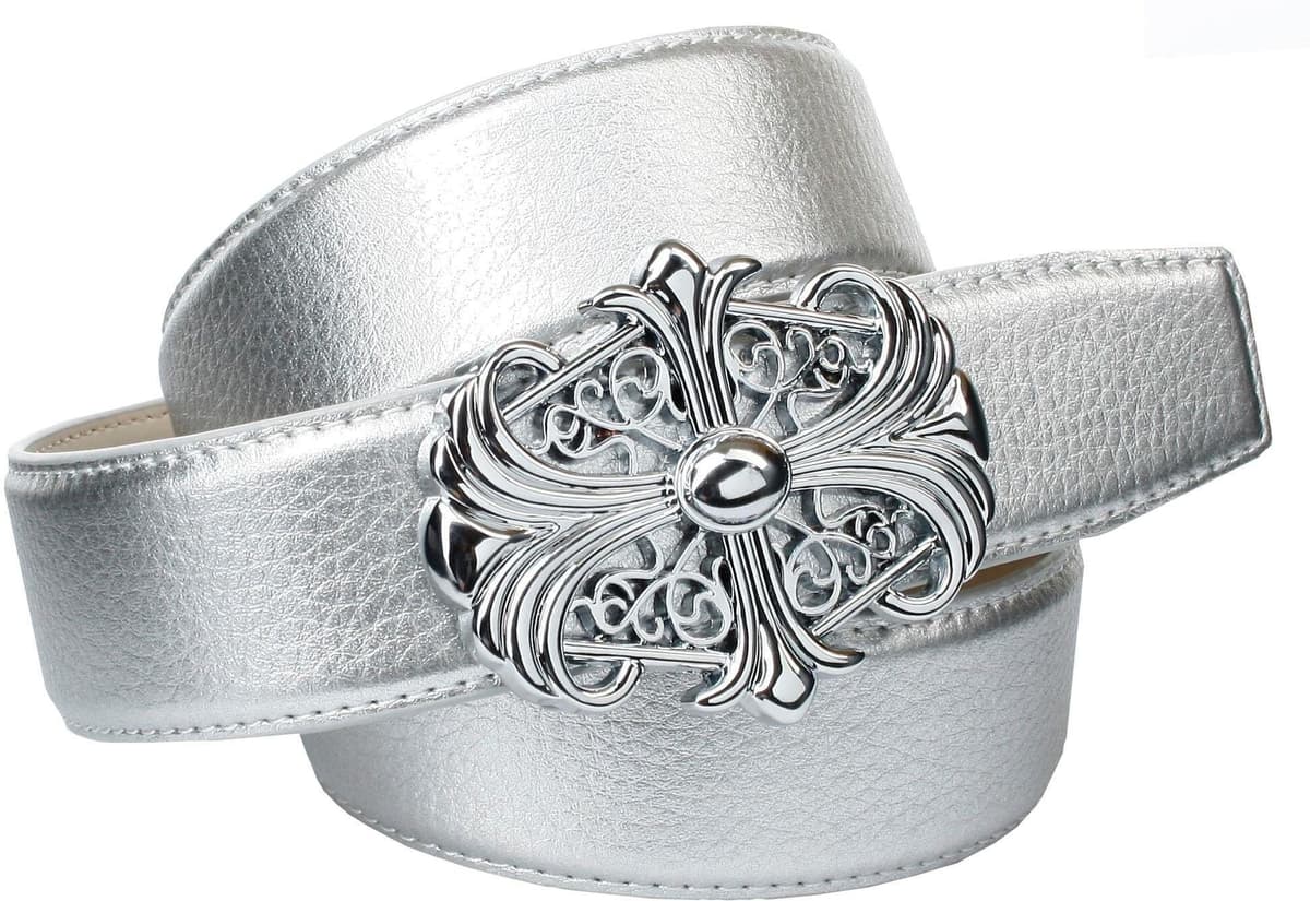 Ledergürtel ANTHONI CROWN, Damen, Gr. 75, silber (silberfarben), Rindsleder, unifarben, Gürtel Ledergürtel, in silberfarben mit Unterführung, dekorative Schliesse silberfarben 75
