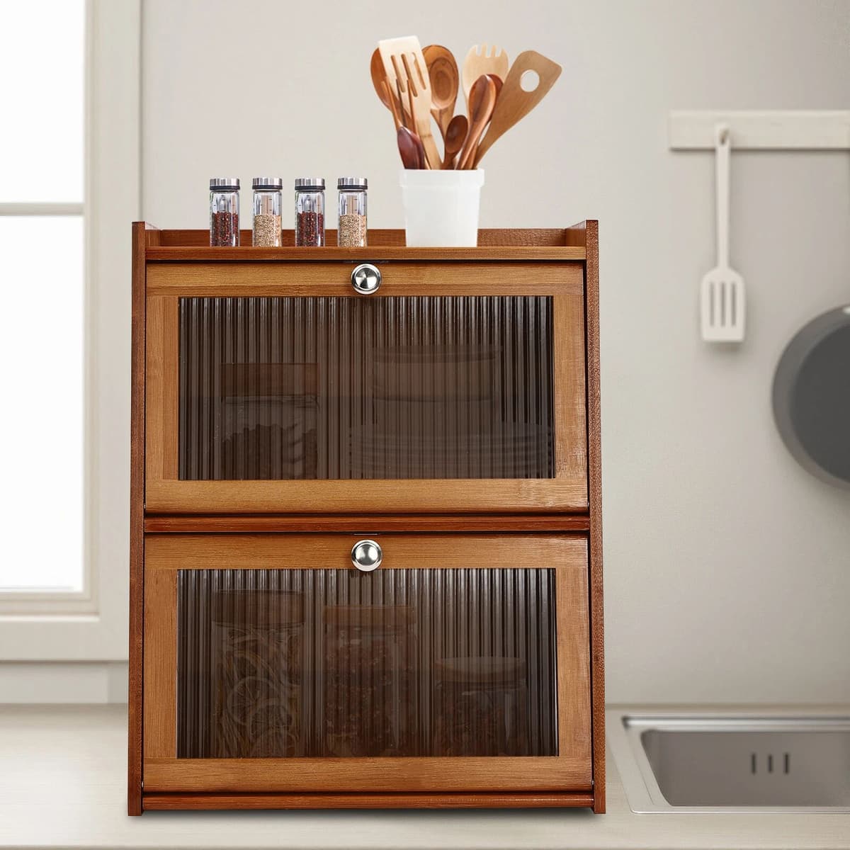 NONE Storage Cabinet with Screwdriver & Glove Storage Assistant High Stability Trapezoidal Shape Tabletop Dark Brown