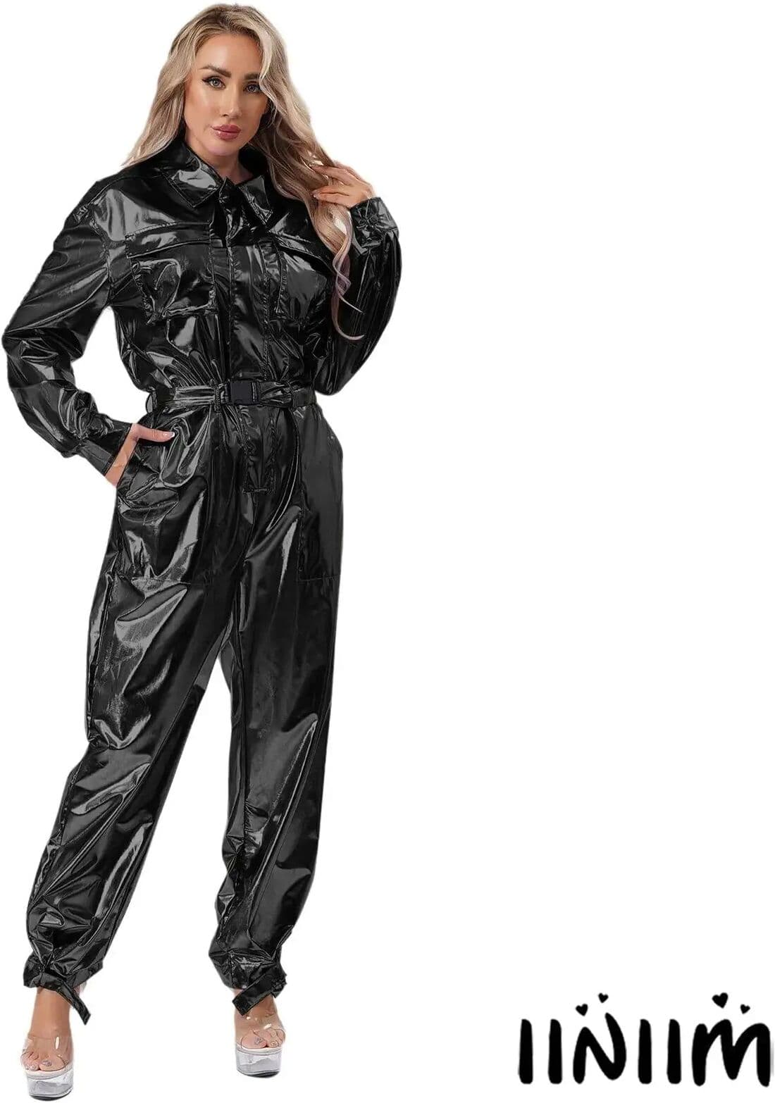 NONE Womens High Shine Fashion Bodysuit Overall Turn Down Collar Versatile Metallic Jumpsuit for Disco Dance Rock Music Festival