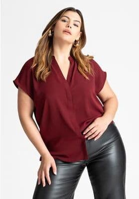 Plus Size Women's Short-Sleeve Notch Collar Blouse by ELOQUII in Zinfandel (Size 14)