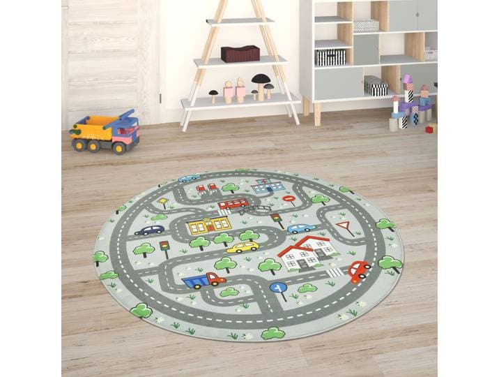 Kinderteppich PACO HOME Chicos 559 , grau, H:2mm Ø:150cm, Polyester, Teppiche, Kinderteppich, Flachgewebe, Strassen-Spiel-Teppich, Kinderzimmer