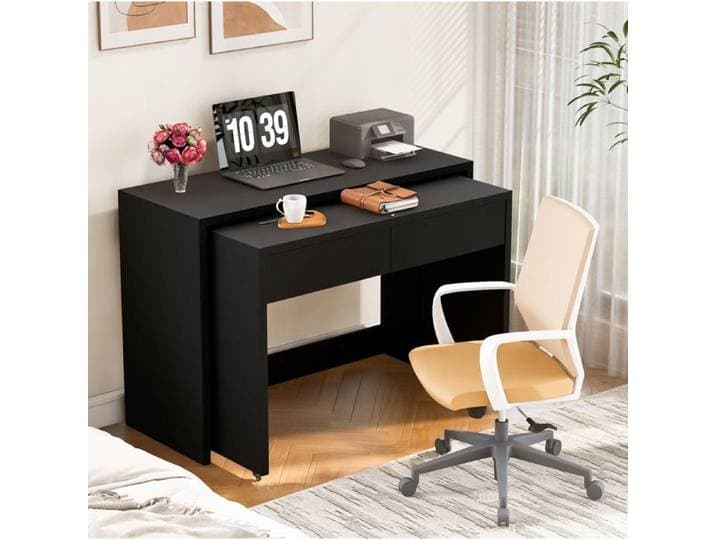 Bureau 2-en-1 extensible AESVAR 110 x 40 x 78 cm noir avec 2 tiroirs et roulettes