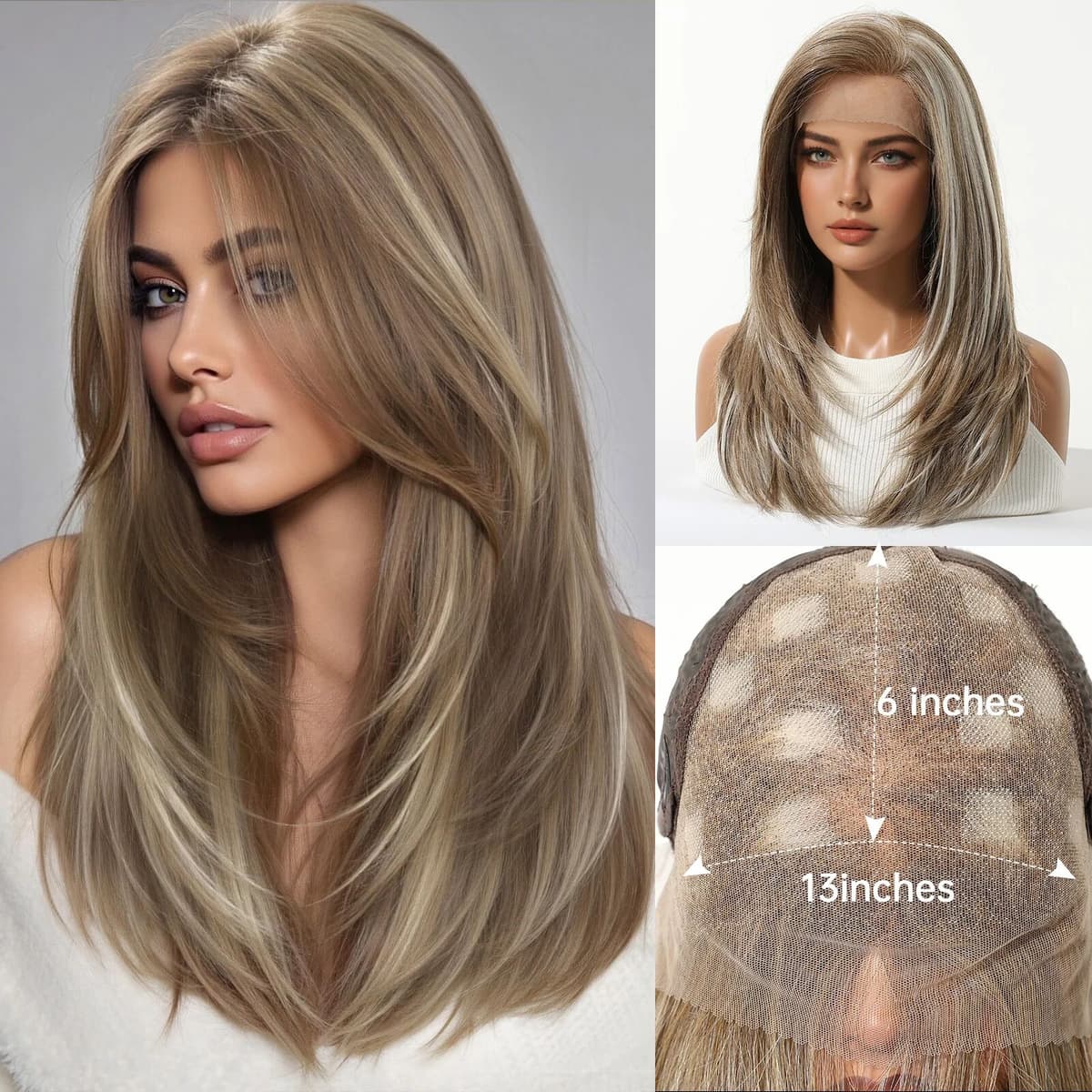 HAIRCUBE 13x6 Lace Front Wig for Women Brown with Blonde Highlights Layered Wig Synthetic Hair Frontal Lace Wig for Daily Party