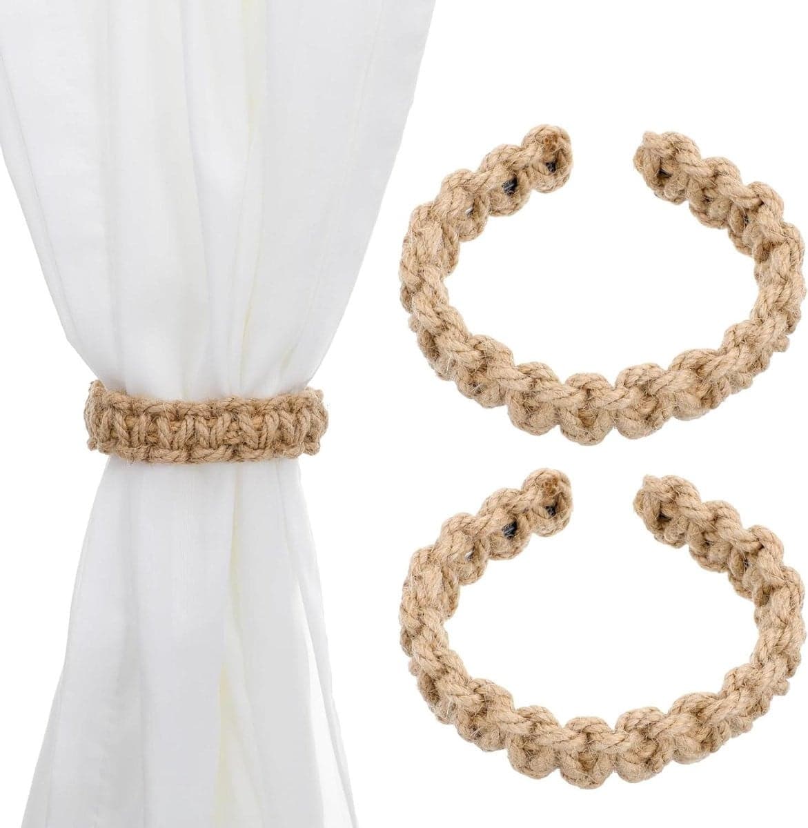 Boho Gordijnembrasses - Gevlochten Handgebreid Hennep Touw - Bruin - Lengte: 24,5 cm