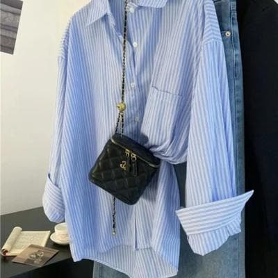 Uplift Picks Womens Blue Striped Oversized Shirt Retro Long Sleeve Striped Button Up Blouse blue xl