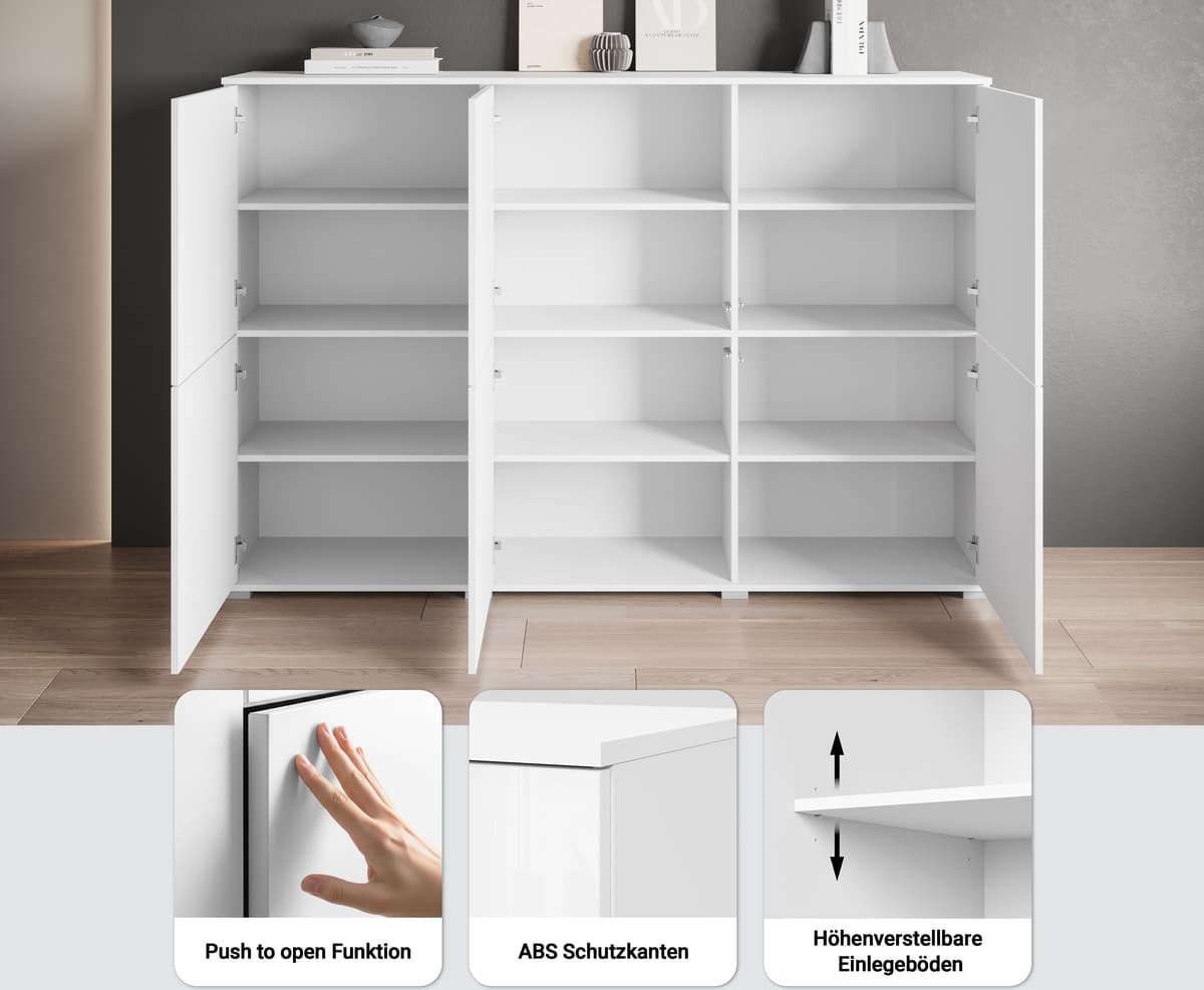 Highboard GOODPRODUCT "Kenia, moderne grifflose Hochkommode mit 6 Türen, Breite 180 cm", grün (salbei), B:180cm H:125cm T:39,5cm, Sideboards, Highboard, Push-to-Open-Fronten, höhenverstellbaren Einlegeböden salbei B/H/T: 180cm x 125cm x 39,5cm, 6 Stk.