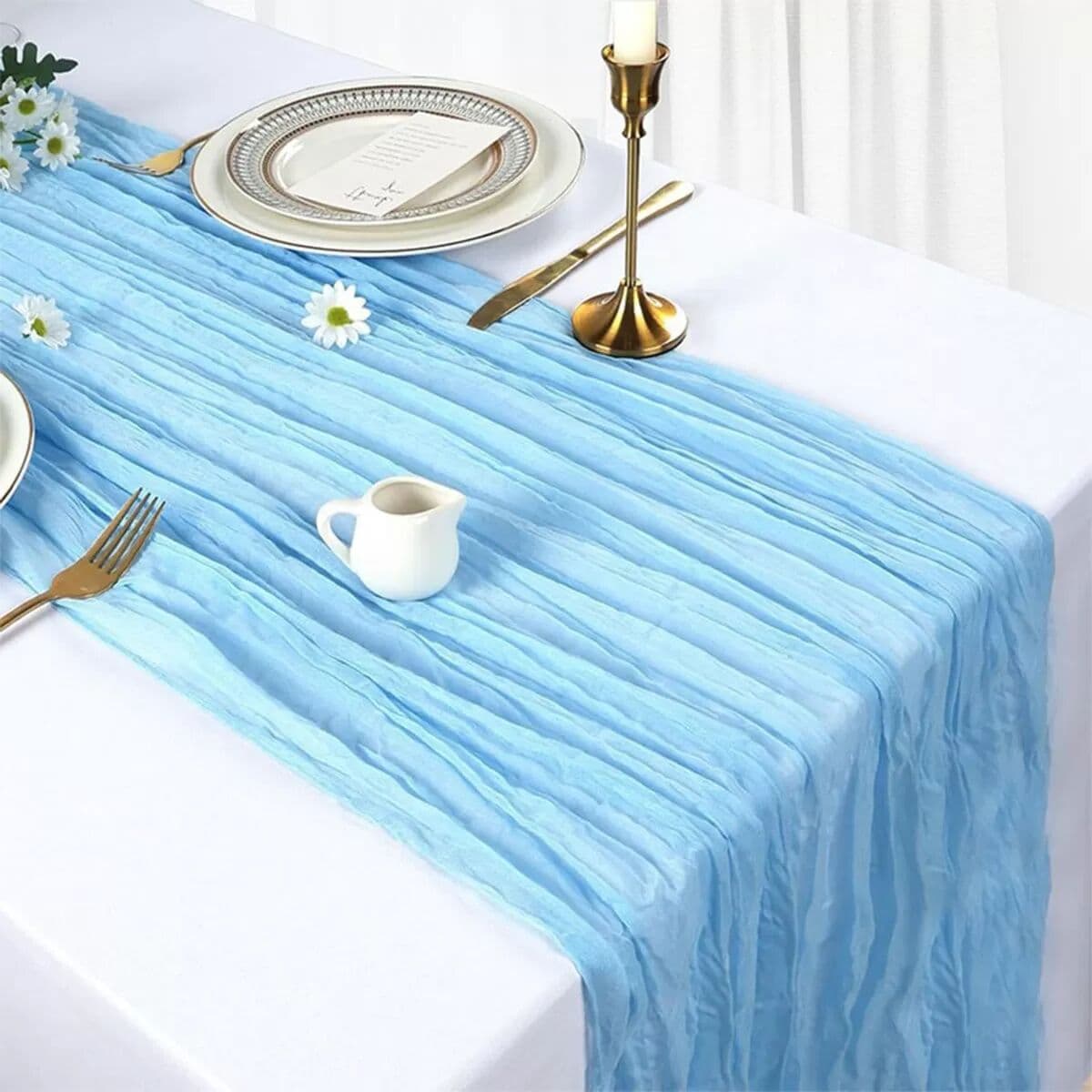 INF Polyester Tischläufer mit Knitteroptik – 90cm x 300cm – Party- & Hochzeitsdekoration Blau