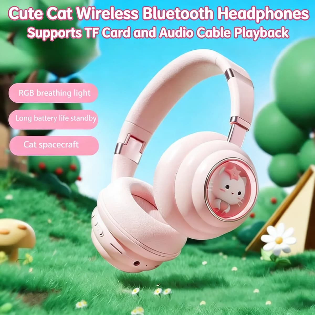 CHUYI Cute Cat Wireless Bluetooth Headphones RGB Breathing Light Audio Cable TF Card Playback Foldable Headset for Girls Gift