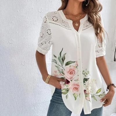 Uplift Essentials Casual Lace Women Shirt Loose Elegant Short Sleeve Blouse s black