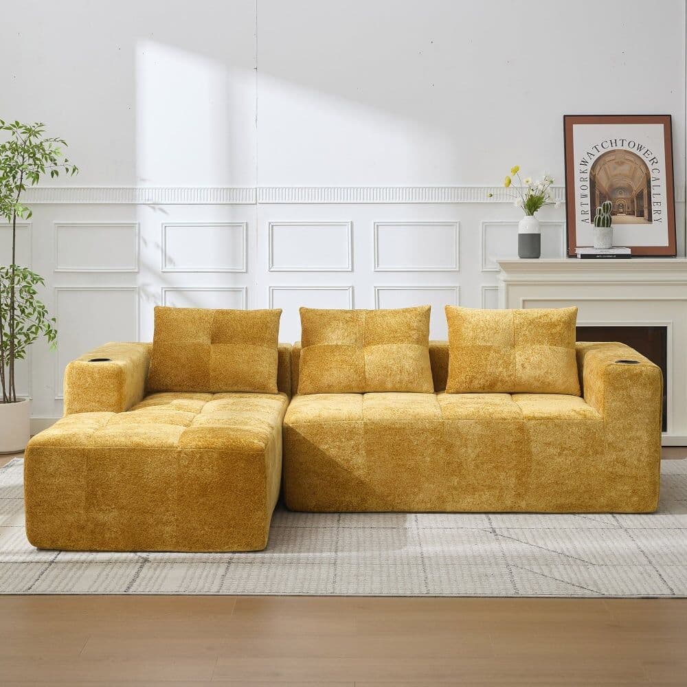 Urban Meuble Sofá rinconera 3 plazas de chenilla con chaise longue amarillo mostaza