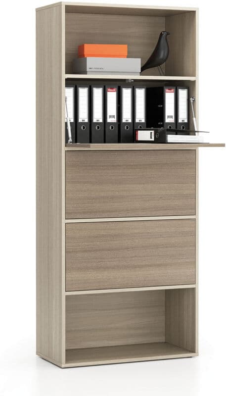 PLAN Vysoký kancelářský policový regál LAYERS, 3 boxy, 800 x 400 x 1905 mm, dub přírodní / dub mořený