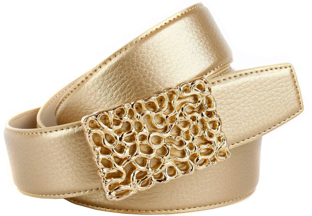 Ledergürtel ANTHONI CROWN, Damen, Gr. 75, gold (goldfarben), Leder, unifarben, Gürtel Ledergürtel, mit glänzender, filigraner, goldfarbener Schliesse goldfarben 75