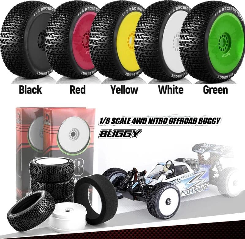 NONE 4Pcs 1/8 4WD Nitro Off Road Buggy Tires Wheel Rims 17mm Hex for 1:8 Scale RC Car HSP HPI Kyosho ZD Hongnuo Redcat Traxxas