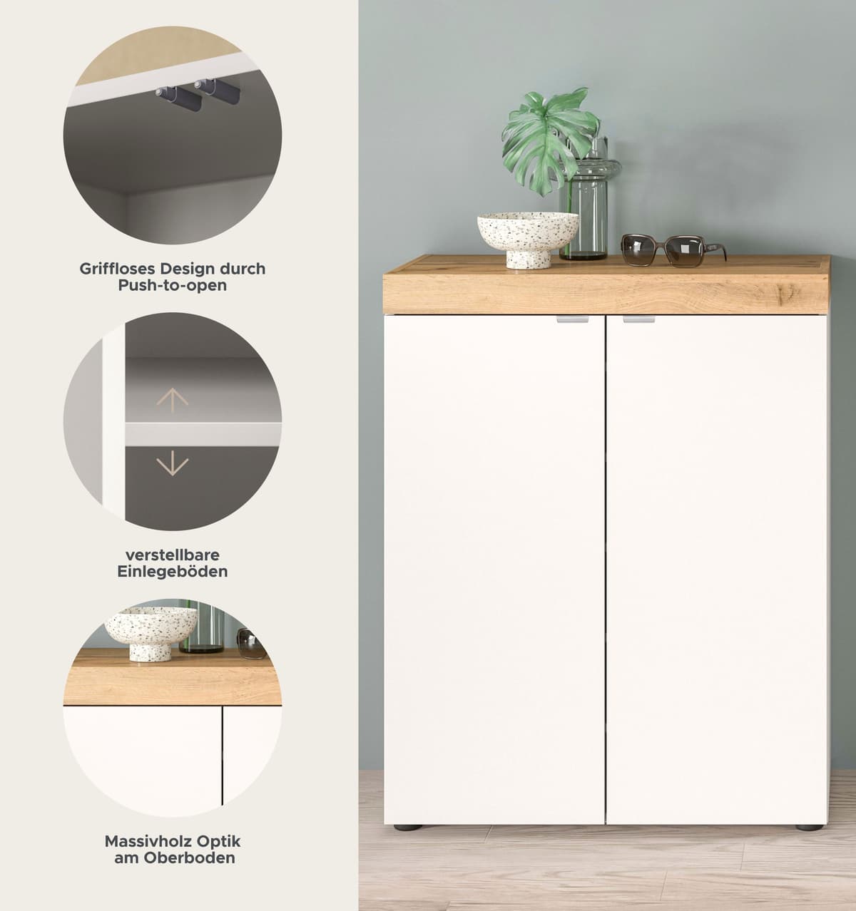 Schuhschrank GOODPRODUCT "MAMBO II, Breite 77 cm, 2 Türen, 5 Einlegeböden", platinum weiß, wotan eiche nachbildung, B:77cm H:99cm T:37cm, Holzwerkstoff, Schränke, Schuhschrank, Schuhschrank, Schuhkommode, Flur, Diele platinum weiß, wotan eiche nachbildung