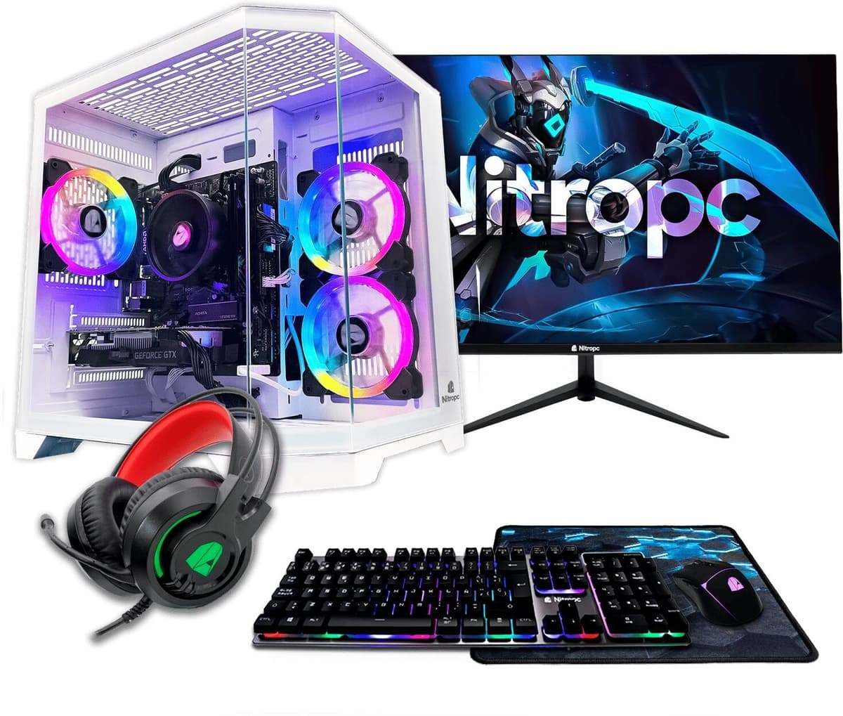 NitroPc Sobremesa Gaming Pack Avanzado Intel Core i5-14400F, RTX 5060 8GB, 16 GB DDR4, 1 TB M2, Win11 PRO, Accesorios + monitor 24" FHD. Blanco