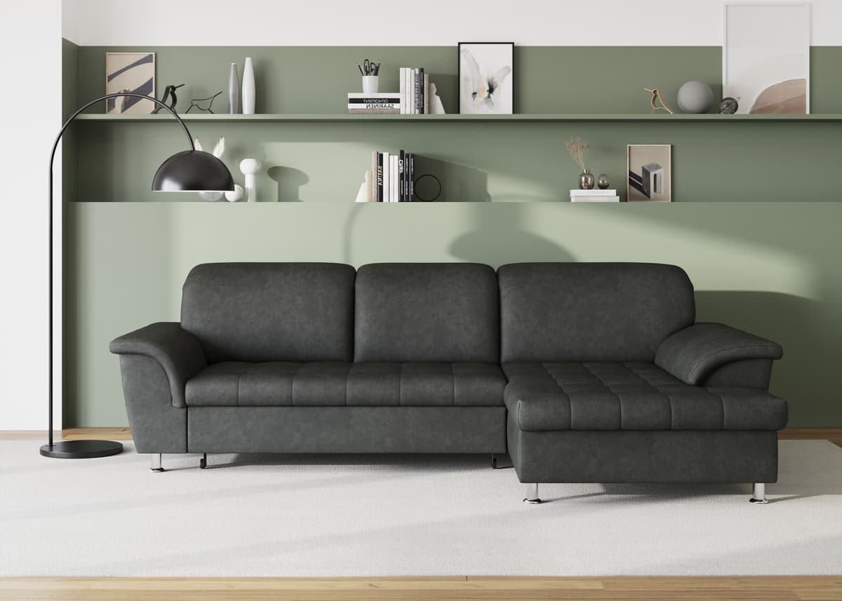 Ecksofa DOMO COLLECTION "FRANZI 278x170x81 cm, Steppung im Sitzbereich, L-Form", grau (dunkelgrau), B:278cm H:81cm T:170cm, Flachgewebe (100% Polyester);Chenille (100% Polyester), Sofas, Ecksofa, wahlweise mit Bettfunktion, Bettkasten und Kopfteilverstell