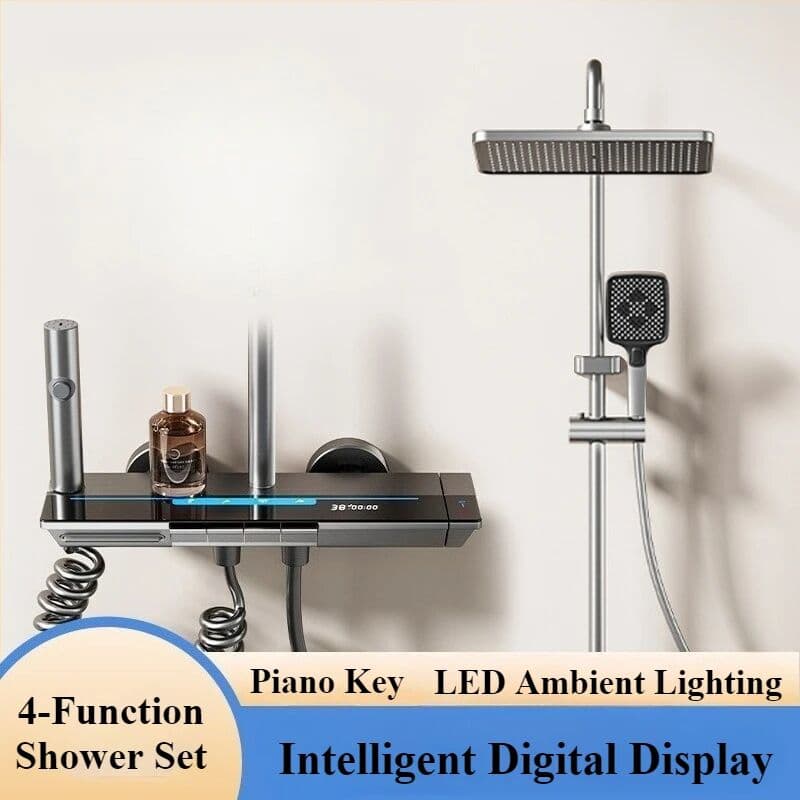 NONE 4-ways Rainlfall Shower System Set Intelligent Digital Bathroom Shower Faucet Set Temperature Display Bathroom Shower Set