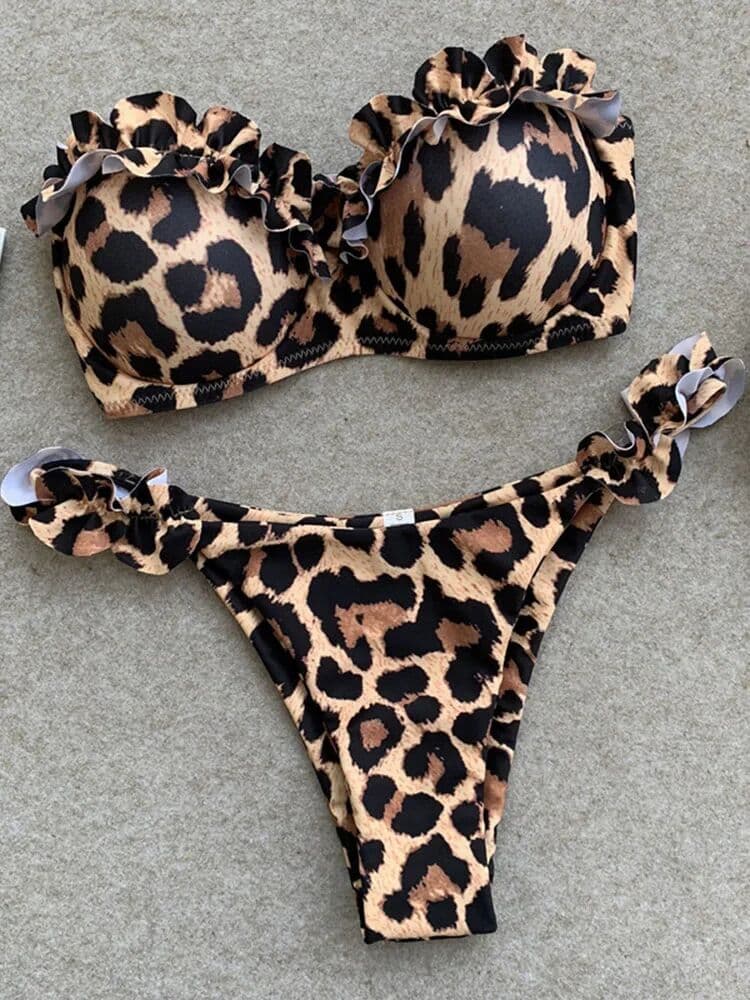 Paunikix Sexy Leopard Ruffled Bra Cup Bikini 2025 Women Bandeau Swimsuit Female Swimwear Two Pieces Bikini Set High Cut Bathing Suit Swim