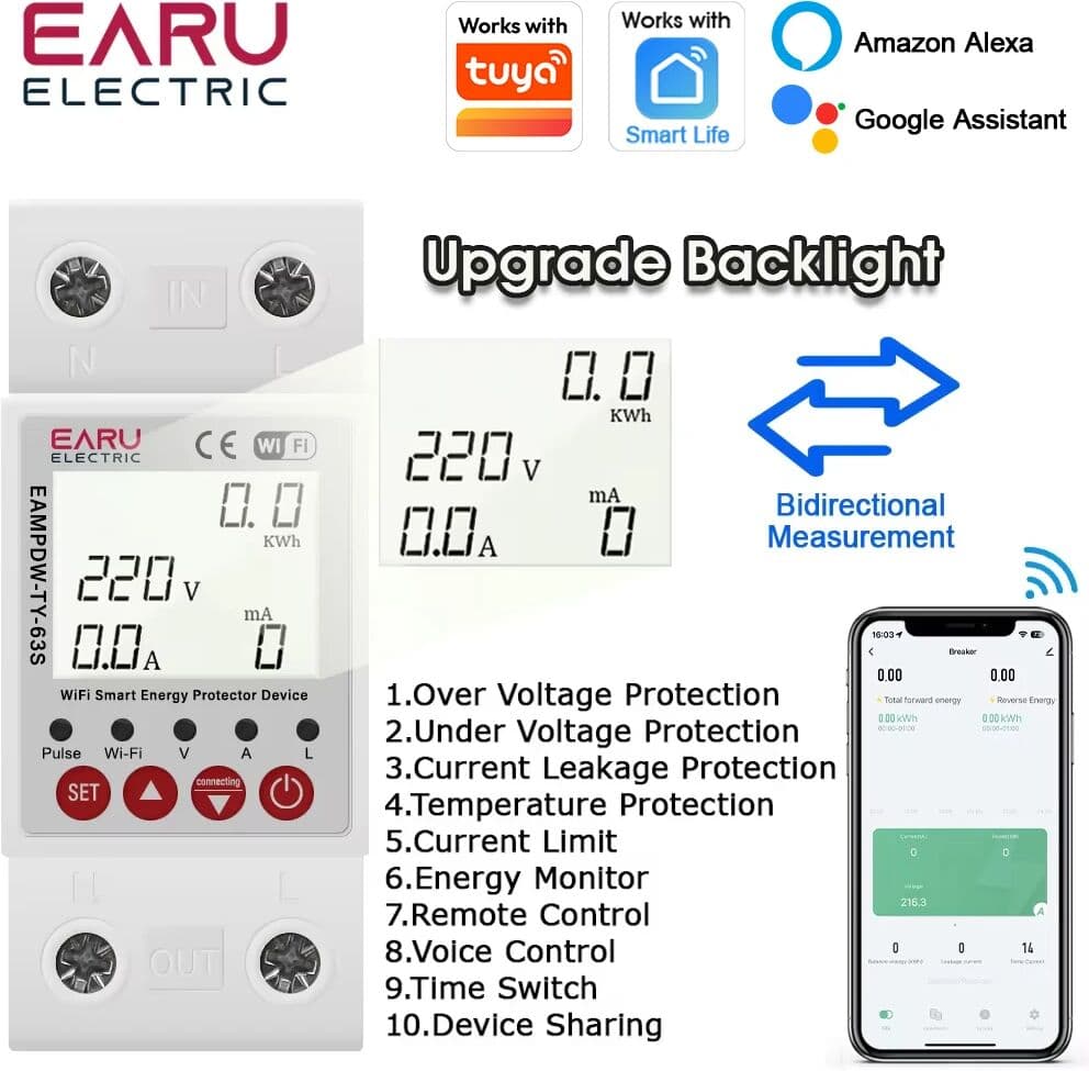 EARU Tuya WiFi Smart Bidirectional Enery Power kWh Meter Under Over Voltage Current Earth Leakage Protector Relay Switch Breaker